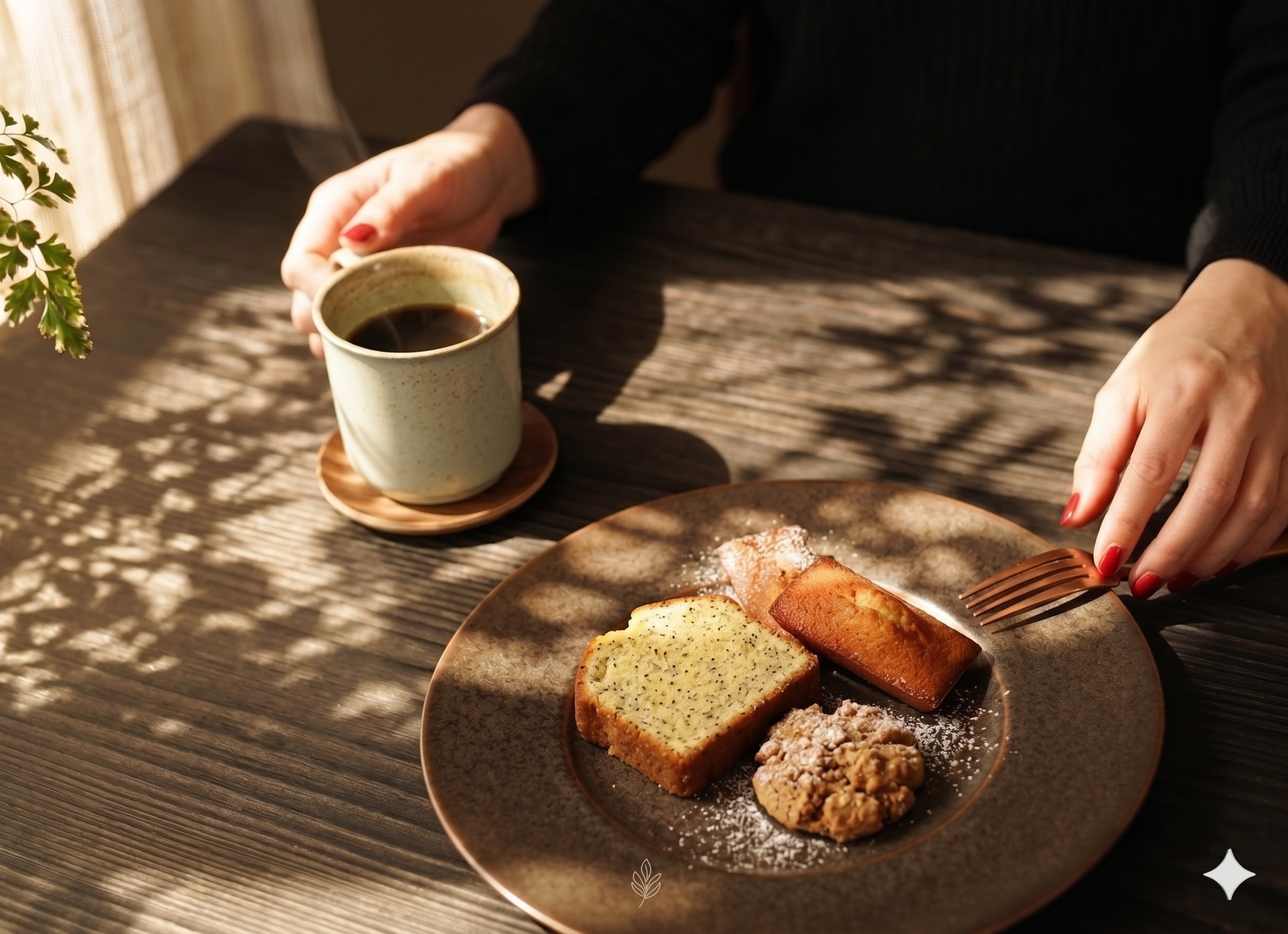 コーヒーとスイーツを楽しむ様子